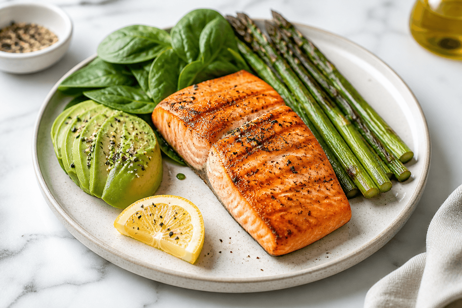 Healthy keto meal with salmon, avocado, and asparagus
